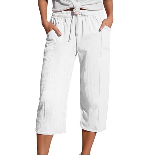 Womens Cropped Trousers Elasticated High Waist Relax Fit Cotton Linen Ladies 3/4 Length Straight Wide Leg Trousers Casual Everyday Soft Lightweight Plain Beach Holiday Comfy Casual Lounge Pants White