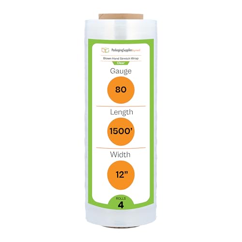PSBM Stretch Wrap, 4 Pack, 12 Inch x 1500 Feet, 80 Gauge, Clear Plastic Cling, Blown Hand Stretch Film Rolls for Packaging Moving Packing Pallets