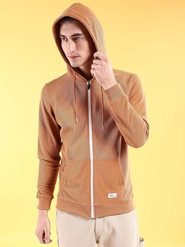 Image of The Indian Garage Co Men Regular Fit Self Design Front Open Hooded Sweatshirt