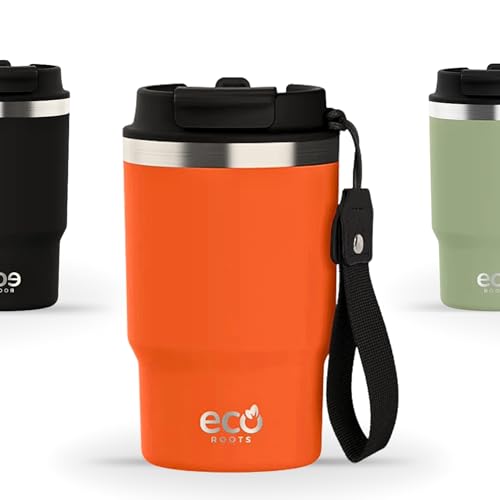 ECOROOTS Thunder - Botella Térmica 470 ml con Tapa 3 en 1 y Pajita | Termo Agua Acero Inox. Sin BPA | Vaso Café para Llevar a Oficina, Viajes, Deporte y Naturaleza | Apto Lavavajillas (NARANJA MARS)