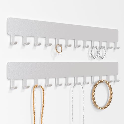 bussdis Necklace Holder Hanging Jewelry Organizer - Jewelry Organizer for Necklace, Self-Adhesive Necklace Organizer, Wall Jewelry Organizer,2 Pack, Painted Silver