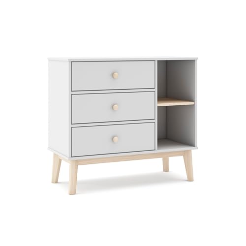 duehome | Cómoda 3 Cajones y 2 Estantes, Dormitorio Juvenil, Modelo Misty Breeze, Acabado en Blanco y Oak Soft, Medidas: 90 cm (Largo) x 81 cm (Alto) x 40 cm (Fondo)
