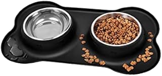 Dog Bowl 2 x 400ML Non Slip Stainless Steel Double Bowls with Non-Spill Silicone Mats Tray for Dogs Puppies Cats Food Water Feeding (M, 14oz Each Bowl, black)