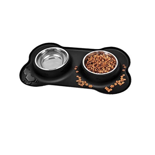 Dog Bowls, Puppy/Cat Bowl Stainless Steel Double Dog Bowl with Non-Spill/Non Slip Silicone Mats Tray for Dogs Puppies Cats Food Water Feeding (M,2 x 400ml Each Bowl) black)