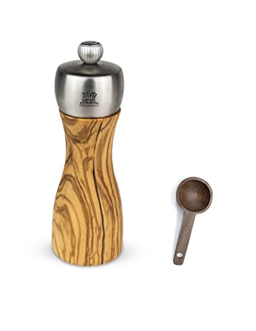 Peugeot Classic Fidji Pepper Mill Gift Set, Olive Wood, 15 cm - With Wooden Spice Scoop