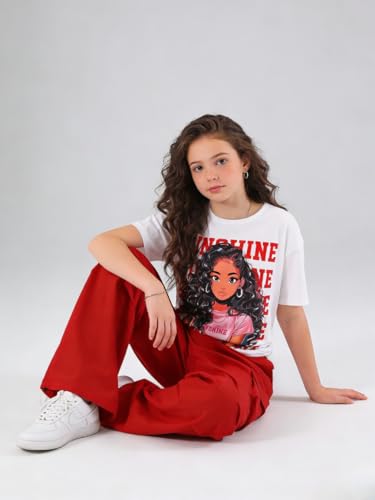 Image of Tween Girls Clothes Short Sleeve Graphic T-Shirt Top + Cargo Pants 2pcs Outfit Set, Size 7-15Years