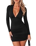 Navneet Women V Neck Mini Dress Ruched Long Sleeve Dress Low Cut Bodycon Dresses Sexy Party Dresses Cocktail Club Going Out M Black