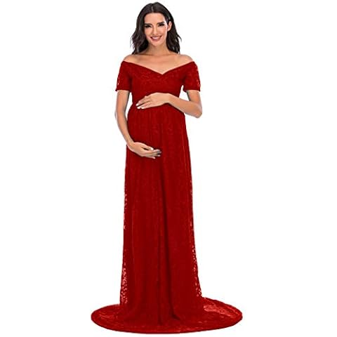ZIUMUDY Off Shoulder Lace Floral Maternity Gown for Photography Maxi Short Sleeve Baby Shower Bridesmaid Dress - Red - Medium Cover