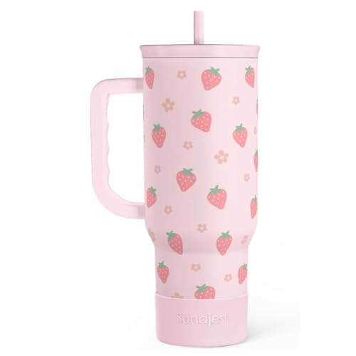 Image of SANDJEST Strawberry Tumbler with Handle 40oz - Insulated Stainless Steel Travel Coffee Mug Cup for Girls Women, Gift for Christmas, Birthday