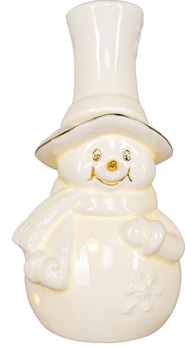 Holz Glas Design LED-Porzellan-Schneemann, weiß, batteriebetrieben, 3...
