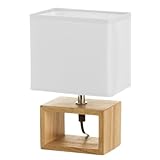 DISEÑO ORIGINAL. Lámpara de mesita de noche con una base rectangular hueca, fabricada en madera de roble natural, y una pantalla también rectangular de tela blanca. Un diseño moderno que aporta estilo y personalidad a tu dormitorio.