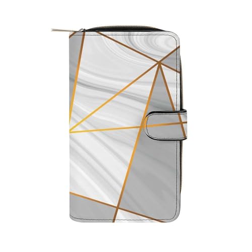 Nugier Women Soft PU Leather Wallet, Zipper Card Case Clutch Credit Bills Money Crash Coin 7.8x4.3x1.4 in Holder Purse Print Grey White Marble Golden Metallic Triangles Gold Lines