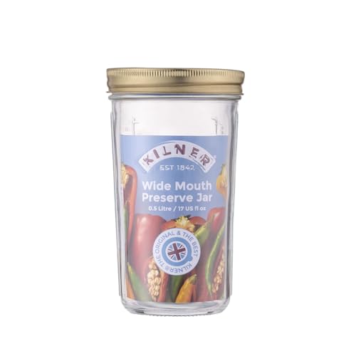 Kilner Wide Mouth Preserve Jar 0.5L (500ml) Glass Storage Jar with Vacuum Seal Lid Ideal for Preserving Whole Fruits Vegetables Pickles Jams