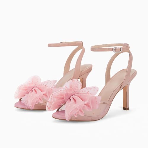 Image of Coutgo Womens Bow Tie Heels Sandals Slingback Peep Toe Wedding Heels Mesh High Stiletto Heel Summer Cute Wedding Bridal Shoes