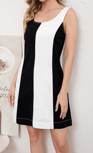 Image of CHARTOU Women Summer Sleeveless Linen Dress Color Block Short Beach Vacation Tank Dress