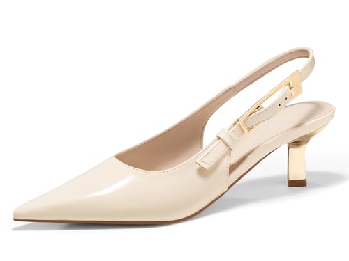 Coutgo Womens Slingback Kitten Heels Closed Pointed Toe Pumps Buckle Strap Wedding Party Dress Shoes, Cream White, Size 9