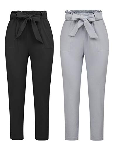 GRACE KARIN Women's Pants Casual Cropped High Waist Pants 2pcs L Black+Light Gray
