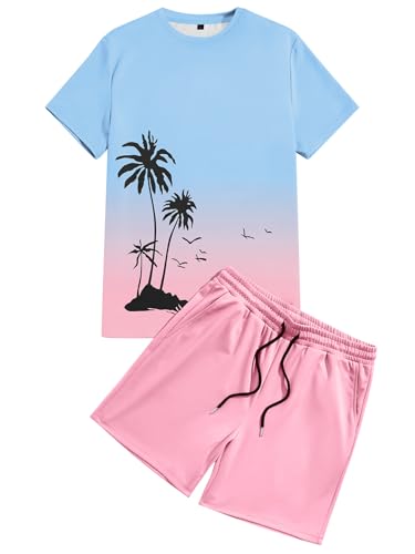 LecGee Men's 2 Piece Short Sleeve Tracksuit Tropical Graphic T Shirt Hawaiian Tee Solid Shorts Set Summer Casual Outfits4