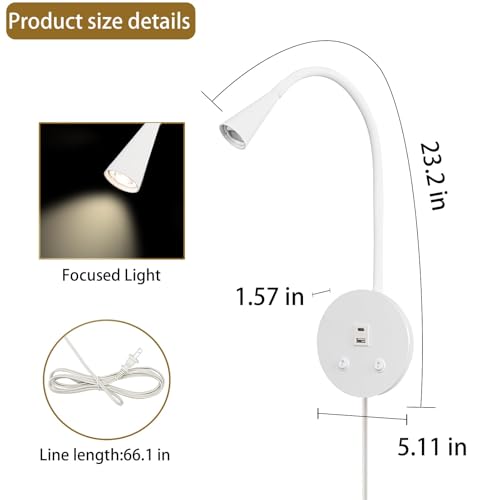 Image of White Headboard Reading Light, 2 Pack Led Wall Mounted Book light, Bedroom Reading Lamp, USB Output, Night Light & Switch, Wall Sconce for Bedtime Reading, Gooseneck Headboard Bed Lights Wall Sconce