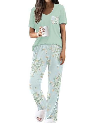 Image of Ekouaer Pajama Sets for Women 2 Piece Short Sleeve Pj V Neck Chest Pocket | Ladies Pajama Sets with Printed Long Pants, Soft Matching Pj Sleepwear, Casual Loose Fall Loungewear, S-XXL
