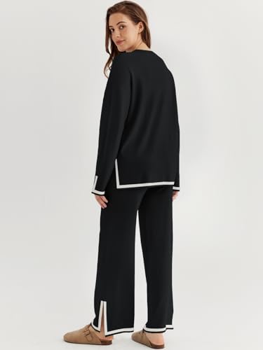 LILLUSORY Women Fall 2 Piece Lounge Set Outfits Sweatsuits Long Sleeve Sweater Tops Wide Leg Pants4
