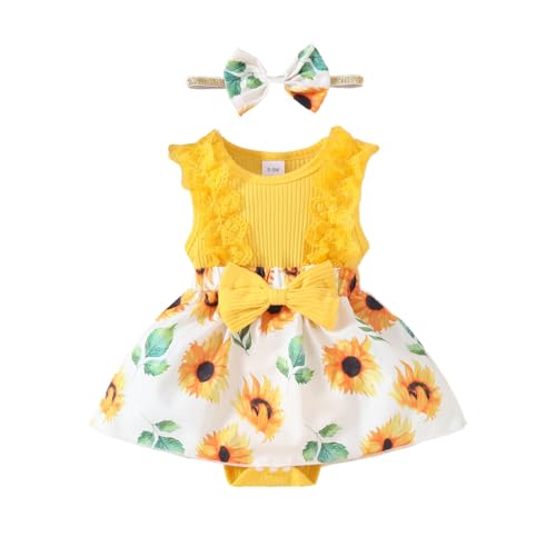 HEOXIN Bebé Niña Vestido, Ropa Bebe Encaje sin Mangas Snap Botón de la Entrepierna, Grande Bowknot Girasol Cuello Redondo Vestido con los Niñas Diadema Conjunto, Amarillo, 9-12 Meses