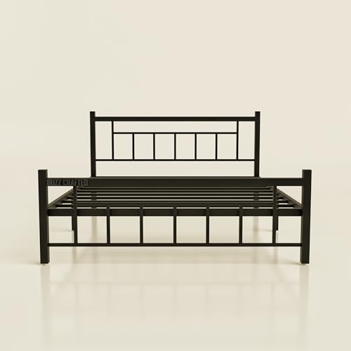 Image of Queen Size Metal Bed Frame | Queen Metal Bed | QueenSize Iron Bed | Queen Steel Bed | Heavy Duty Platform Bed | Double Bed Cot | Wrought Iron Bed | Steel Slats | No Box Spring Needed | Black