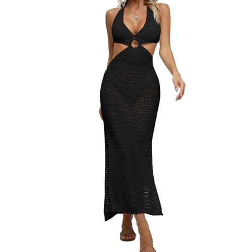 QRONCES Traje de baño para mujer, con protector solar, de ganchillo, sin mangas, vestido de playa hueco, cuello en V, para vacaciones, bikinis, cubierta elegante para traje de baño