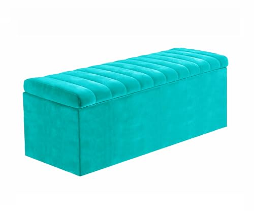 R&M Furnishers Plush Velvet Upholstered Ottoman Storage Box & Coffee Table - Multifunctional Footstool, Toy Box, Shoe Bench, Seating, & End of Bed Storage (Teal)