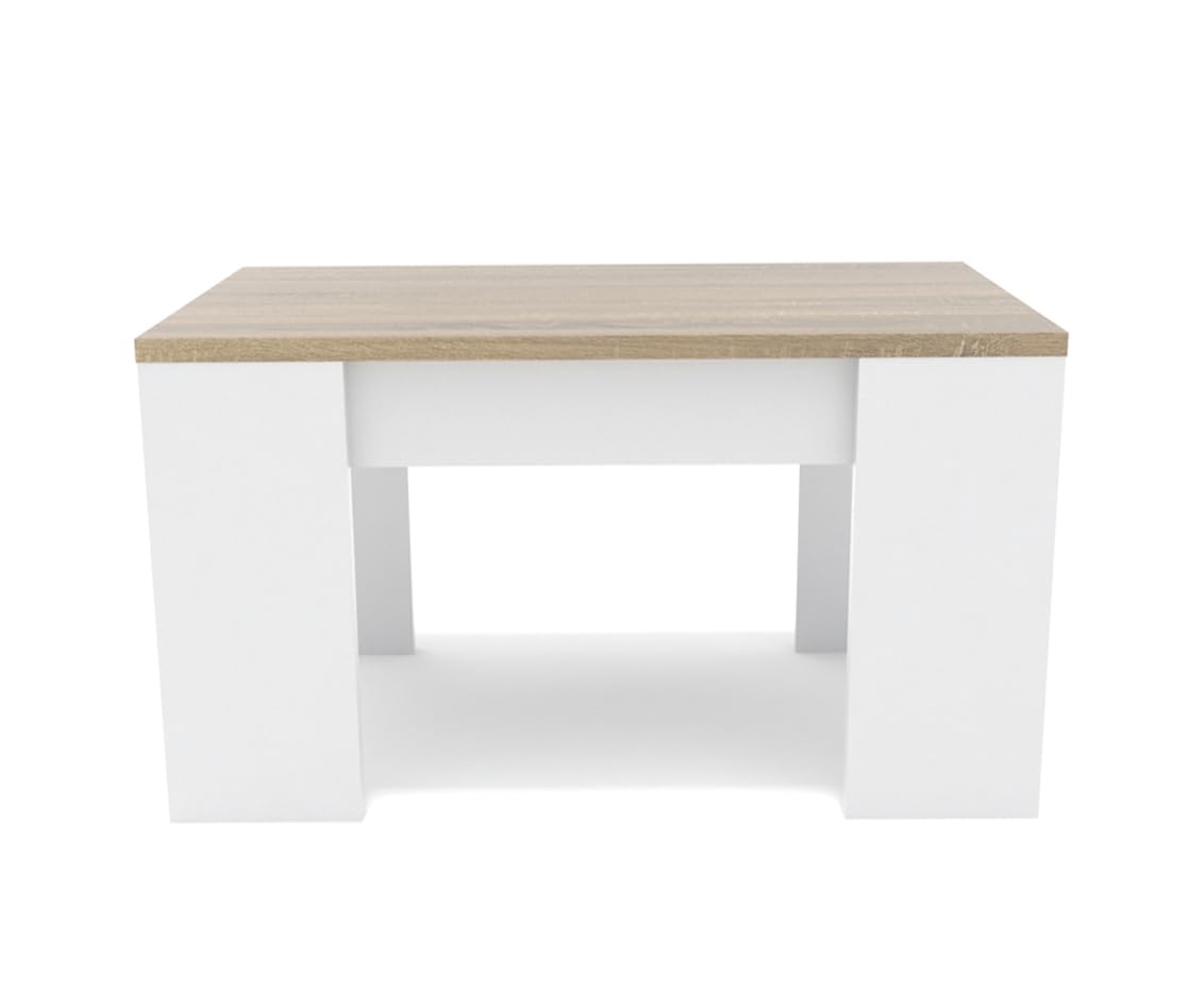 DORMIDAN- Mesa de Centro elevable, Comedor o Auxiliar, Mayor Grosor y Estabilidad (Blanco Tapa Roble)