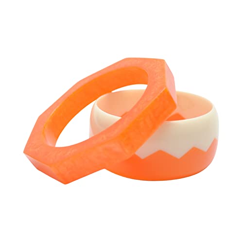 Image of Wheedle Sextuple - Value Set of 2 bold Handmade Resin Bangles Joinery Art design & Octagonal in Autumn Glory Orange & Ivory Color satin smooth in pure cotton designer gift bag for girls & Women