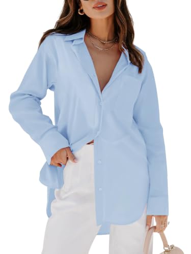 siliteelon Oversized Button Down Shirts for Women Dress Shirts Long Sleeve Blouses Work Casual Tunics Tops with Pockets - Sky Blue XL