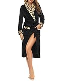 Marvmys Bademantel Damen Langarm Fleece Morgenmantel mit Leopardenmuster Schalkragen Frauen Flanell Saunamantel Flauschig Kimono Robe mit Taschen und Bindegürtel S schwarz+gelbes Leopardenmuster
