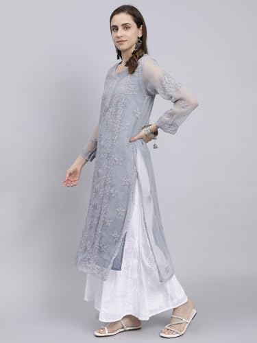Image of Seva Chikan Hand Embroidered Lucknowi Chikankari Georgette Kurta with Inner Slip for Women SCL4431