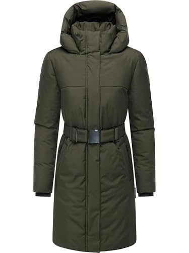 Navahoo Damski płaszcz zimowy, ciepła parka z paskiem i kapturem z podszewką Gipfelspass XIV XS-5XL, ciemnooliwkowy, XXL