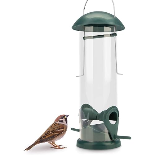 WILDLIFE FRIEND 20 cm Vogelfutterspender - Körnerfutterstation aus Kunststoff mit Zwei Anflugplätzen - Futtersäule zum Aufhängen für Wildvögel - Futterhaus für Ganzjährige Verwendung - Grün