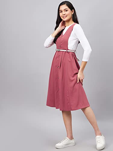 Image of WineRed Women Soild Pinafore Dress with Button