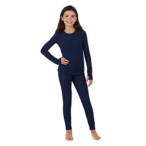 Cuddl Duds Girls Heavyweight Fleece Lined 2 Piece Thermal Underwear Set Long Sleeve Shirt & Leggings Base Layer for Cold Weather Winter Clothing Long Johns Lounge Sets for Kids Navy S