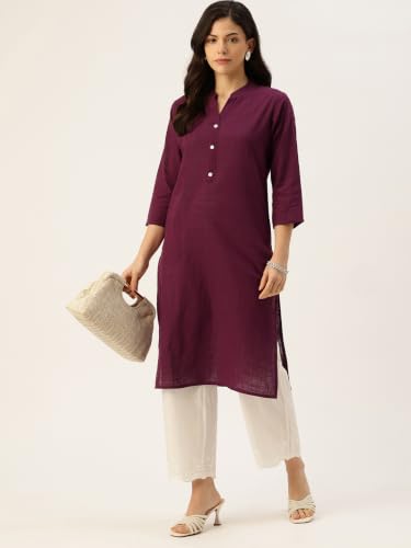 Image of feranoid Women's Plain Cotton Kurta with Mandarin Collar, 3 /4 Sleeves & Pocket