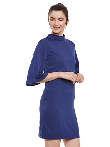 Image of Miss Chase Women's Navy Blue Plain Solid Round Neck 3 /4 Sleeve Collared Shift Dress