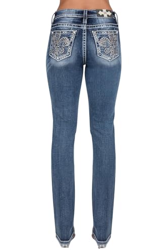 Miss Me Women's Mid Rise Fleur De Lis Glass Straight Leg Jeans (Dark Blue, 28W x 33L)