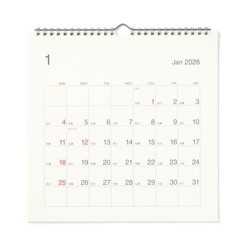 無印良品 2026年 バガス入りペーパー日曜始まり六輝カレンダー・大・2026年1月〜12月 約270×270mm・壁掛け用 84854132