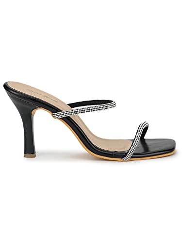 Image of Women's & Girls | Patent stylish Slip-On High Heels with Rhinestone Straps | Elegant Square Toe Fashion Sandals for Women | Comfortable Heeled Footwear for Weddings