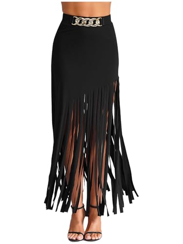 LiiYii - Falda larga para mujer, flecos, color liso, falda asimétrica, cintura alta, traje de concierto, ropa de disco jazz Hip Hop Dance, Negro , L