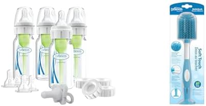 Dr. Brown's Anti-Colic Breast to Bottle Feeding Set with Slow Flow Nipples, Travel Caps, and Silicone Pacifier - Gray & Soft Touch Bottle Brush, Blue