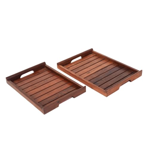 Image of Aakriti Art Creations Handcrafted Sheesham Wood Serving Tray Set of 2 for Dining Table | Wooden Tea & Snack Serving Trays | Kitchen Accessories | Indian Handicraft | Brown