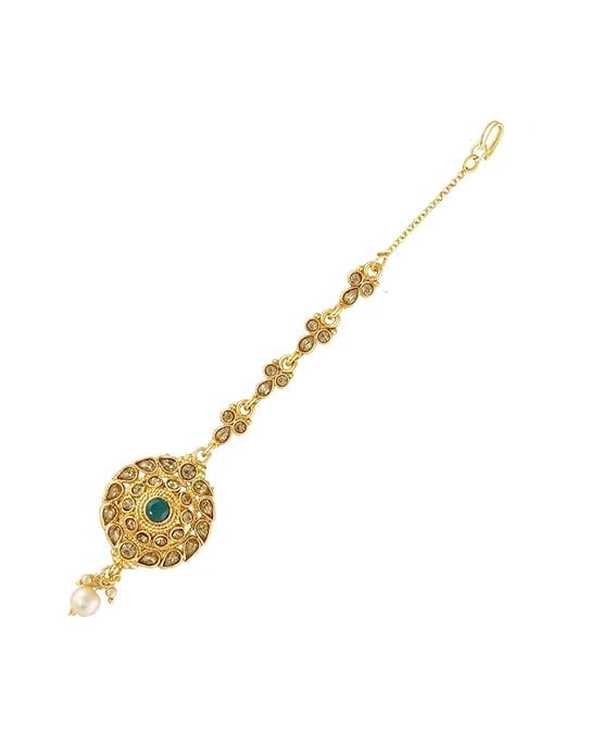 The Clara Golden Colour Studded Stone Traditional Mangtikka For Stylish Women | Rajwadi Mangtikka Set