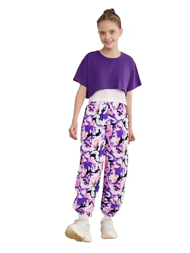Kids Girls 3 Piece Workout Sports Outfit Short Sleeve Crop Top Cami Vest with Jogger Sweatpants Set Tracksuit Purple 6-7 Years