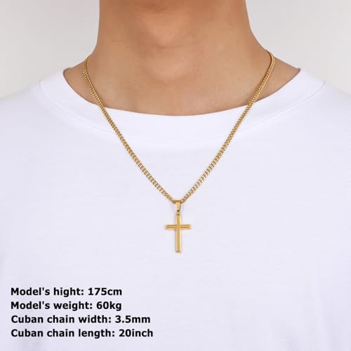 Image of Fiusem Silver Tone /Black /14K Gold Plated Cross Necklace for Men, Beveled Edge Pandent Mens Necklace, 3.5MM Stainless Steel Cuban Chain, 16-24 Inches Jewelry Gifts