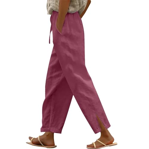 Pantalones de mujer anchos sólidos sueltos pierna recta con bolsillos cordón con cintura elástica pantalones 7/8 ligeros casuales pantalones Palazzo Pants para el tiempo libre pantalones de playa,